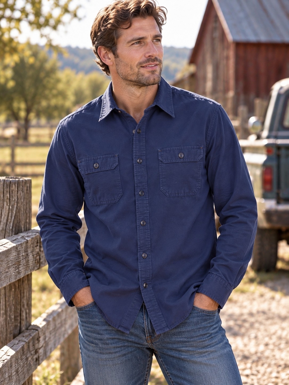 J. Crew Classic Fit Blue Utility Shirt Men's Long Sleeve Double Pocket Size M